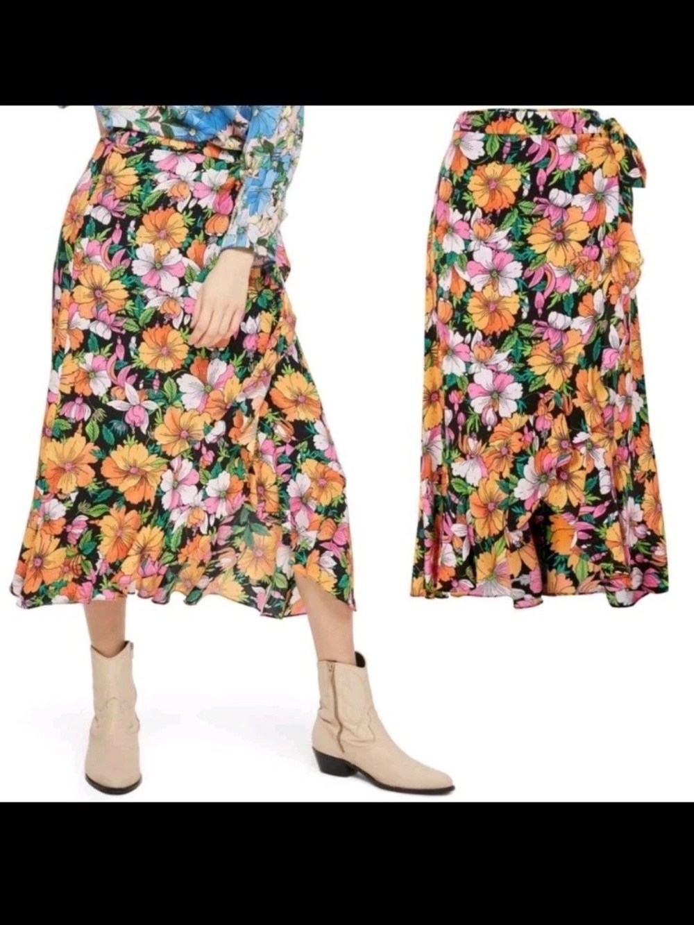 Topshop Floral Wrap Midi Skirt Women’s US 6 Orange Pink Tropical Ruffle Boho